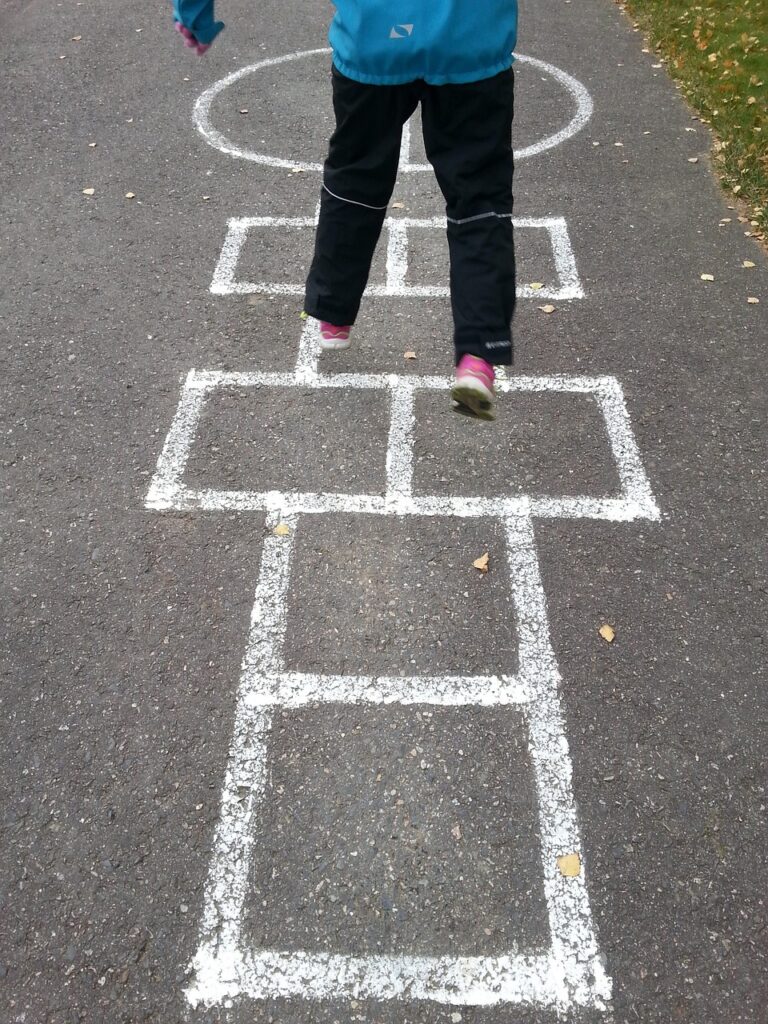 jump, child, man, finland, girl, screen, play hopscotch, school, yard, play