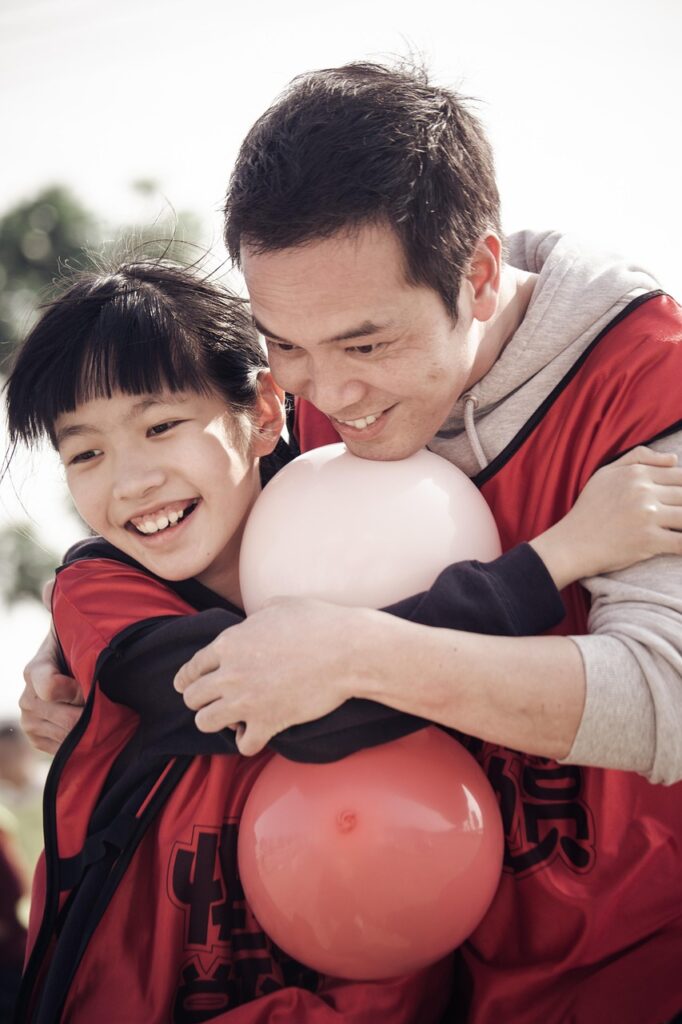 father, daughter, balloons, playing, childhood, parent, child, family, man, girl, cute, portrait