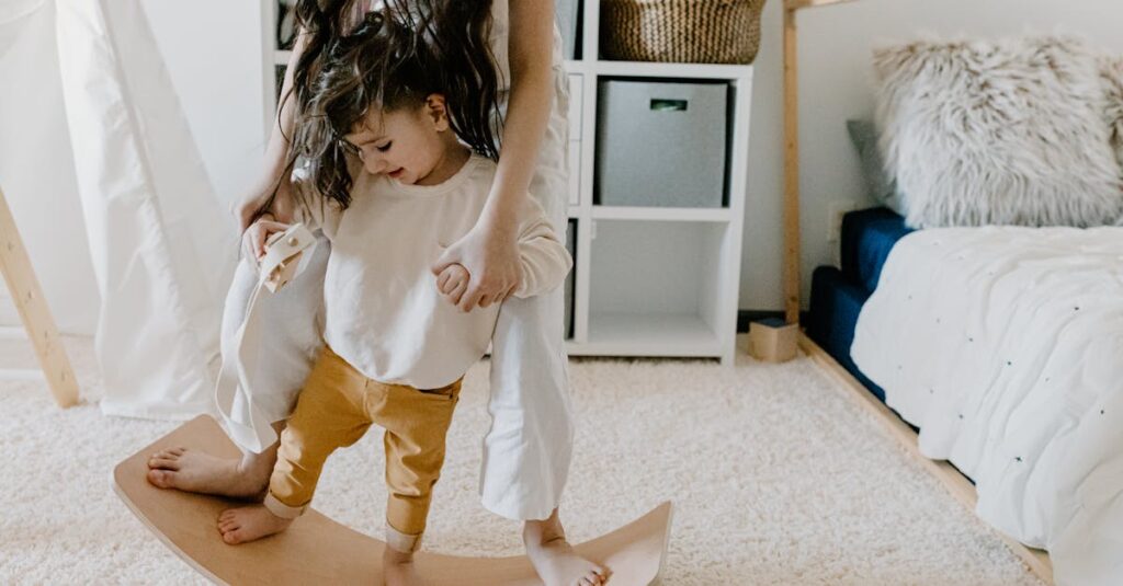 Mother and son enjoy bonding time in a cozy bedroom on a wooden balance board.